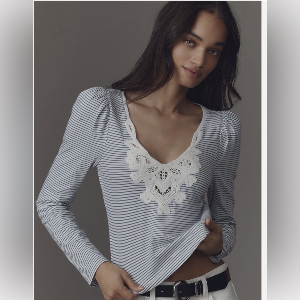 NWOT Anthropologie Maeve Navy and White Striped Top with Lace Accent